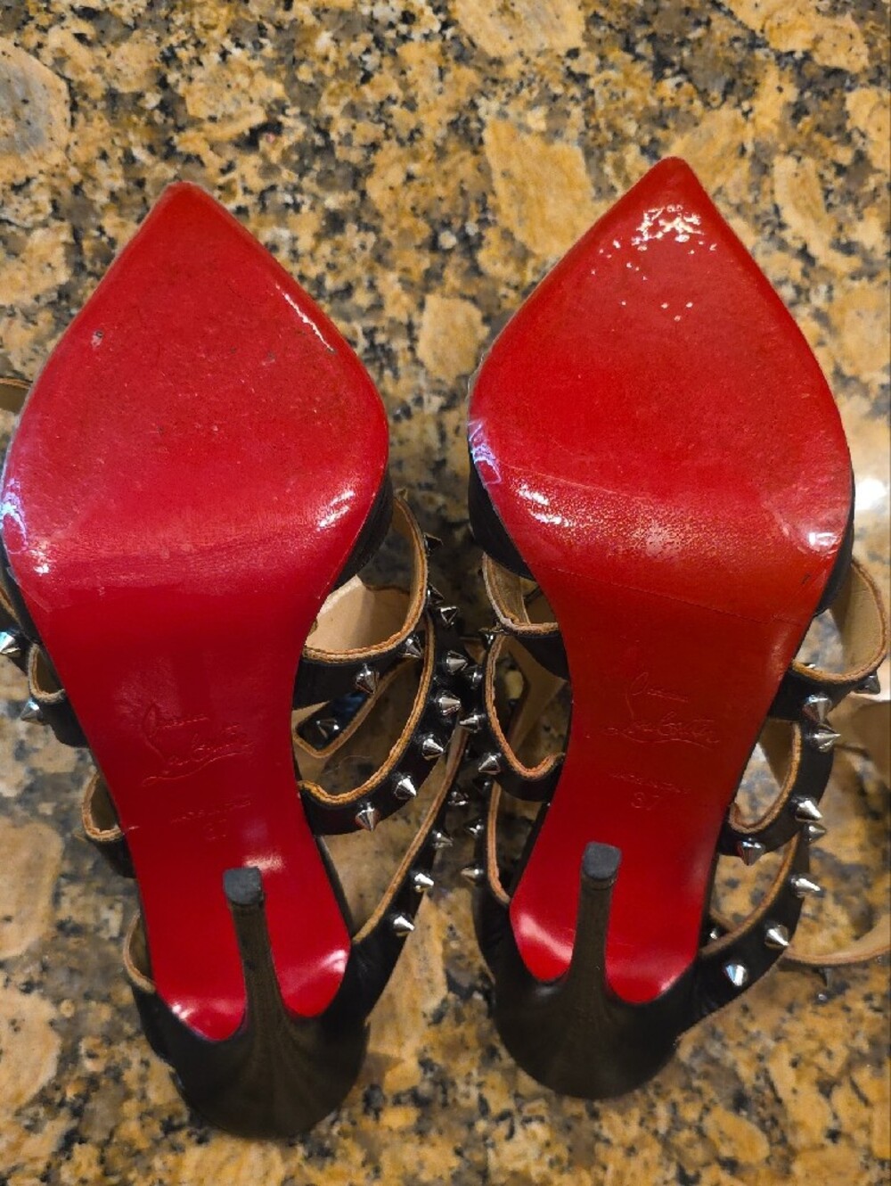 Christian Louboutin Black Leather Studded Strappy Pointed-Toe Pumps - Picture 10 of 15